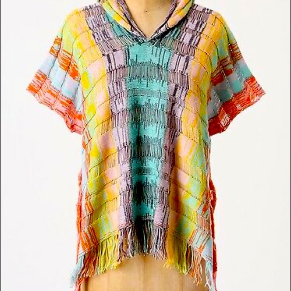 Anthropologie Sparrow Rainbow Knit Hooded Poncho